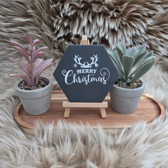 CreaCraft Robuust wenstegeltje - Kerst Tegeltje Hexagon – Merry Christmas – Luxe Zwart – Kerstdecoratie - Trendy Nu - Cadeau - Woondecoratie Hexagon Antraciet/wit