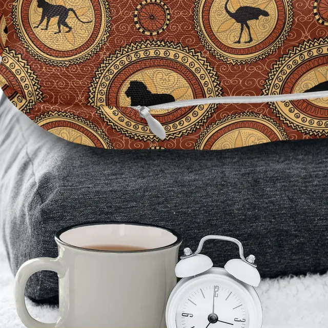 ABAKUHAUS Safari Kussenhoes, Affe Lion Folk African, Kussenhoes met Ritssluiting en Dubbelzijdige Print, 45 x 45 cm, Mosterd en Bruin