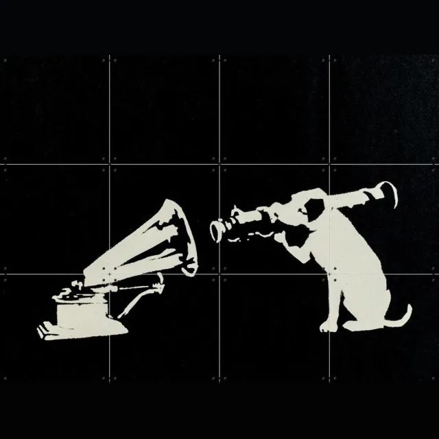 IXXI HMV, Banksy - 80 x 60 cm - Grote wanddecoratie en posters - Illustraties, Houtsnede, Pop art, Street art, Mancave, Woonkamer, Muziek, Grappig Zwart / Zwart en wit / Donkere tinten / Monochroom