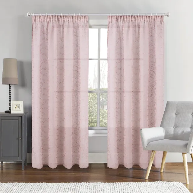 SB Line Vitrage Gordijn – 140x260 cm – Met Plooiband – Lichtroze met geborduurd bloemmotief