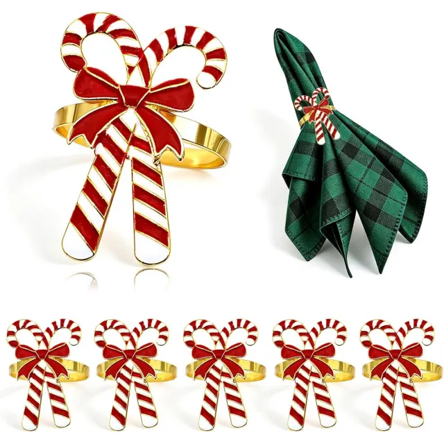 HisKes 12 Pcs kerstservetringen in zuurstokvorm van legering - gouden servethouders met rood‑wit emaille en strikje - feestdagen tafeldecoratie voor kerst en nieuwjaar Rood, wit en goud