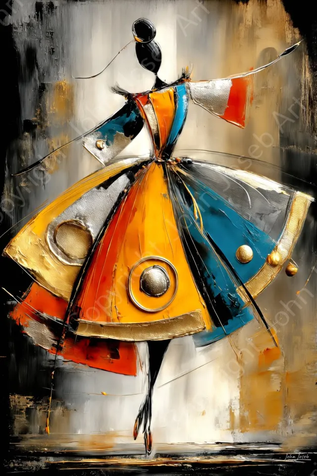 John Joseb Art (Glas) 60x40 | Vrouw, geisha, dans, artistiek, abstract, kleurrijk, muziek, kunst, mens, Japan, rood, geel, goud, bruin, blauw, modern | Foto-schilderij-glasschilderij-acrylglas-acrylaat-wanddecoratie Acrylglas, dikte 5 mm