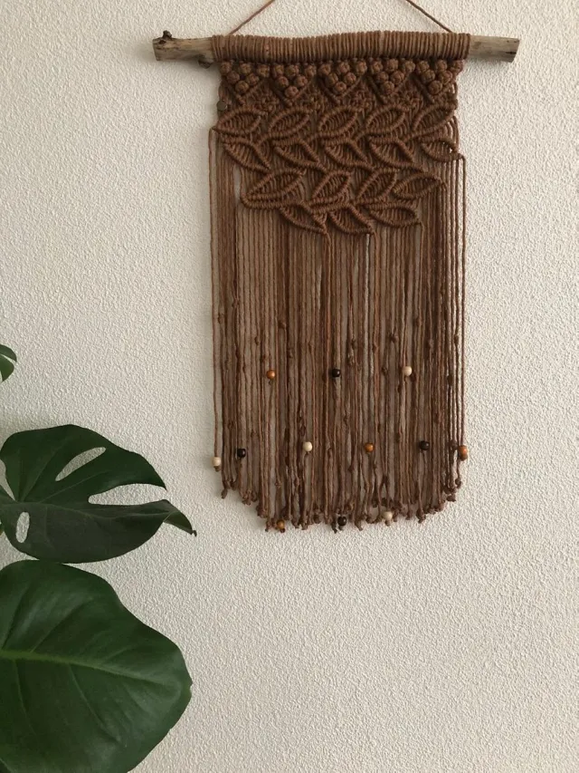 Macramey Blaadje , Macrame muur hanger, wandkleed, Macrame wandkleed - 152 donker oker