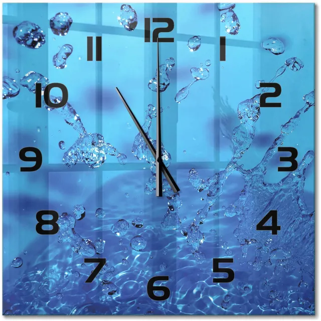 TULUP Wandklok - Waterdruppels Klok Glas Met Opdruk - 60x60 cm - Blauw Moderne Wandklok Glas - Zwarte handen - Vierkante Klok - Decoratieve Glazen Klok - Glazen Wandklok Design