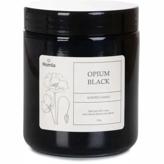 Homla Tofu Geurkaars - Scented Candle - Decoratieve Kaars in Pot met Deksel - Vintage Design - voor Woonkamer Sfeer - Opium Geur - 190g - 30 uur Brandtijd - Zwart