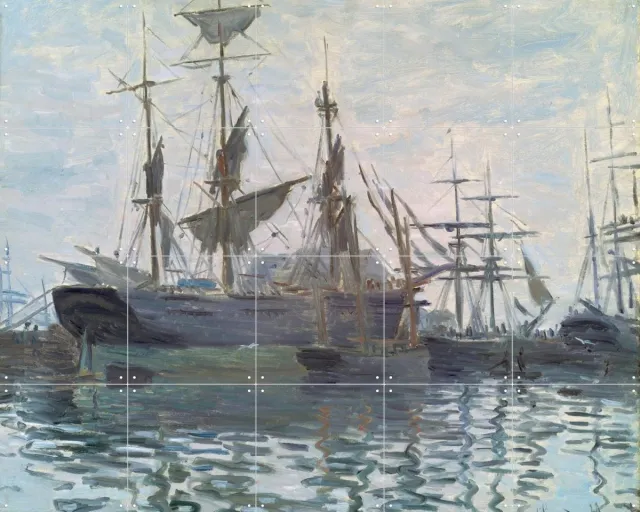 IXXI Ships in a Harbor, Claude Monet & Museum of Fine Arts Boston - 100 x 80 cm - Grote wanddecoratie en posters - Schilderijen, Olieverf Blauw / Koele tinten / Grijs