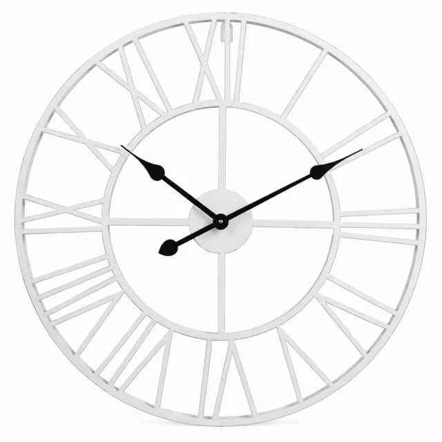SWGOTA Witte ronde wandklok 40 cm van ijzer, opengewerkte Romeinse cijfers en zwarte wijzers, decoratieve klok voor binnen