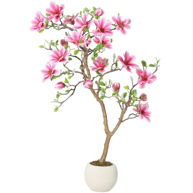 Triumpunpre Kunstmagnolia 120 cm met witte bloemen - Nep magnoliaboom op naturel stam - Onderhoudsvrije sierboom voor interieur