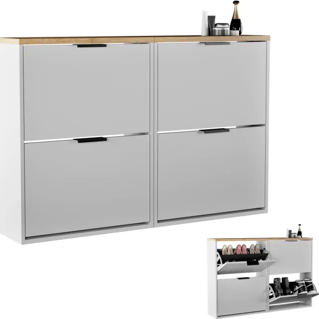 Planetmöbel STIVIO - Schoenenkast 60 cm - Wit grijs en goud eiken - Set van 2 met elk 2 kleppen - 23 cm diep 2 kleppen, Wit