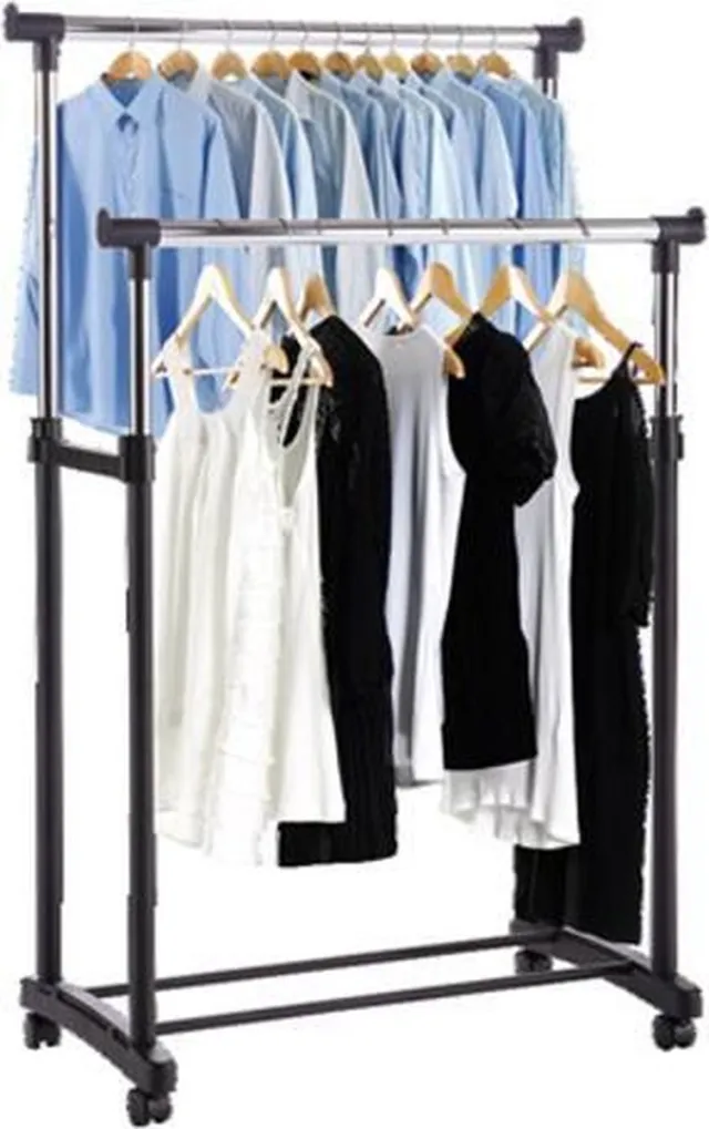 Wooners Dubbel kledingrek | Op wieltjes | 1 stuk | Verstelbaar in 3 hoogtes 110 cm - 135 cm - 160 cm | 2 stangen | 2 laags | Garderoberek | Hangrek met schoenrek | Mobiele kapstok | Staand | Verrijdbaar | Zwart metaal Zie beschrijving