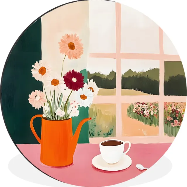 WallCircle Wandcirkel - Muurcirkel - Bloemen - Koffie - Raam - Aluminium - Dibond - 30x30 cm - Binnen en Buiten