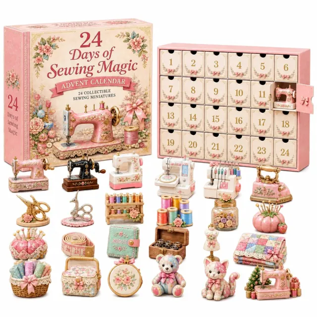 SWGOTA Adventskalender met naaithema, 24 genummerde vakjes en 24 decoratieve miniaturen, bloemmotieven, in kartonnen doos Roze