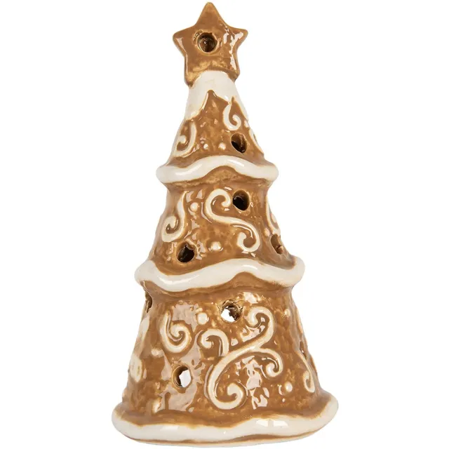 Clayre & Eef Waxinelichthouder Kerstboom Ø 8x15 cm Bruin Keramiek