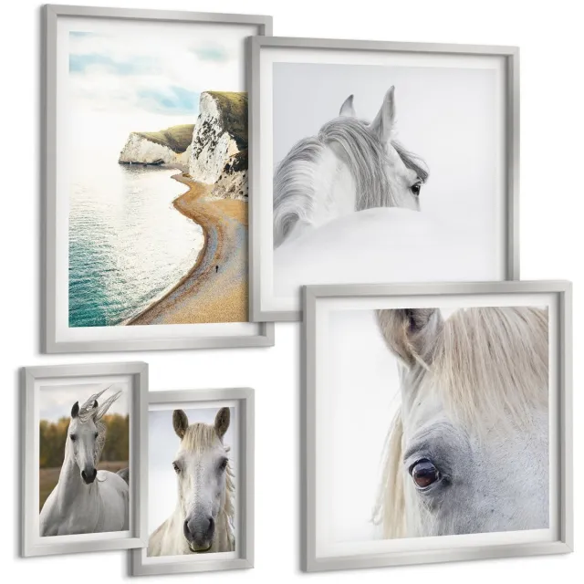 Coloray 5-Delige Schilderij Set - Contrasterende Abstracties Met Portret En Architectuur - 20 x 30 cm - Decoratieve Schilderijen - Woonkamer - Interieur - Woonkamer Decoratie Zilveren lijst