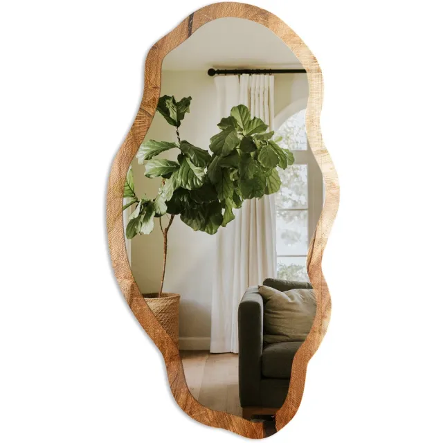 TULUP Houtstructuur Spiegel - Bruin Moderne Rechthoekige Wandspiegel - Organische Spiegel - Woonkamer - Rustiek - 45x90 cm - Totale afmeting 52x97 cm HoutnerfstructuurPrint, Bruin