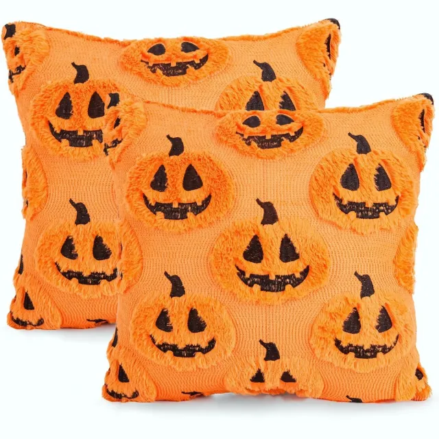 Nosheir Halloween Kussenhoezen – 2-delige Set – 45 x 45 cm – Pompoen met Gezicht – Voor Binnen en Herfstdecoratie Oranje