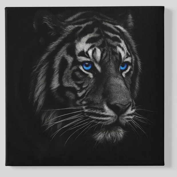 Trendex Global Vierkant Canvas Schilderij Dieren - Wilde Dieren - Tijger met Blauwe Ogen - 100x100 cm Zwart