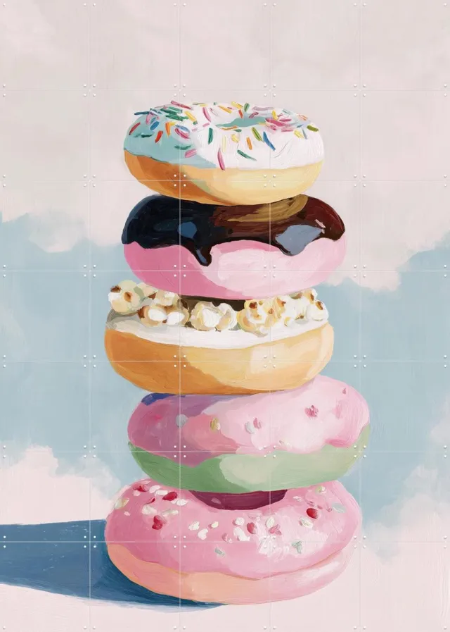 IXXI Pastel Donut Tower, Branka Kodžoman - 100 x 140 cm - Grote wanddecoratie en posters - Modern, Speels, Kleurrijk, Keuken, Eetkamer, Stilleven Wit / Roze