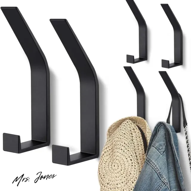 Mrs. Jones 6 stuks zwarte kledinghaken - moderne garderobehaken voor jassen mantels caps sjaals - onzichtbaar op te boren - handdoeken handtassen . multi-color