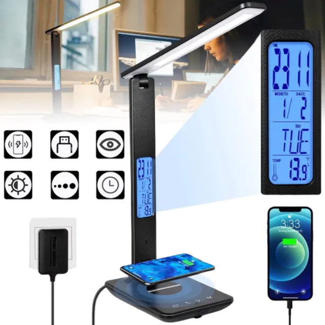 TENZHVXI Led bureaulamp - Bureaulamp Met Draadloze Oplader - TENZHVXI® - Oogbescherming Zonder Flikkering - Multi-as Rotatie En Dimbaar - Lcd-klok Met Temperatuurweergave - Inclusief Usb-poort - Ideaal Voor Thuiswerkplek En Studentenkamer zwart