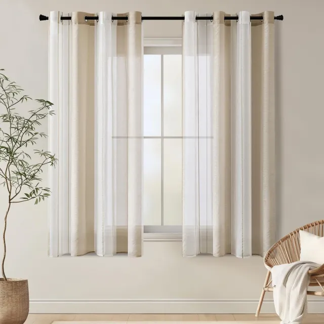 Ibenzoa Moderne Gestreepte Voile Gordijnen Set van 2 voor Woonkamer, Semi-Transparant, 140x175 cm, Beige en Wit