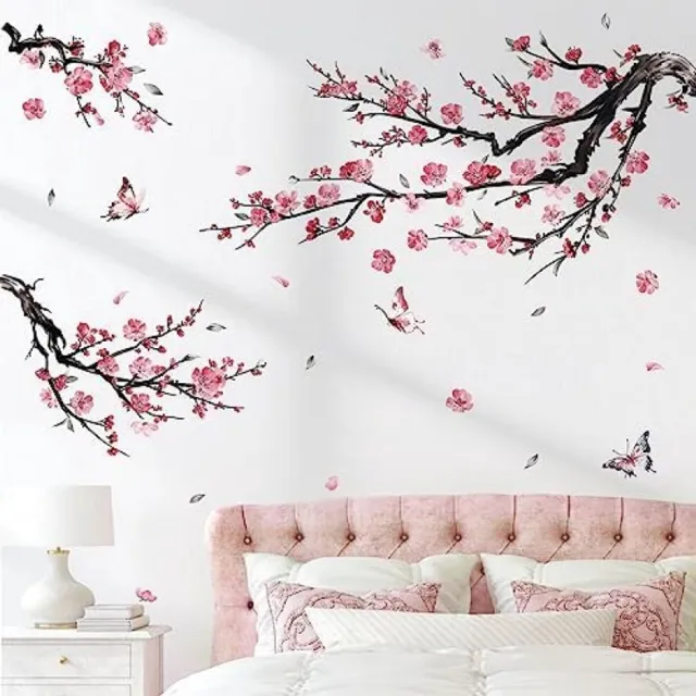 PromoHome Aquarel Roze Bloemtak Muursticker Set - 2 Delige Bloesem Boomtakken Bloemen Muurdecoratie voor Slaapkamer en Woonkamer - Zelfklevende Wanddecoratie met Waterdichte Eigenschappen