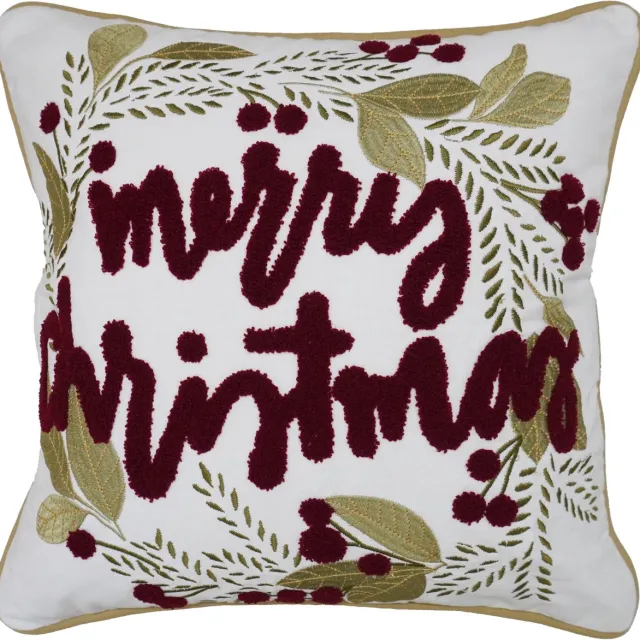 Urbane Hide Kerstkussen - Kerst Kussenhoes Geborduurd met Merry Christmas en Bessenkrans - Vierkante Kussenhoesjes voor Kerst - Kerstkussens met Vrolijk Kerstfeest Design - 45x45 cm - Katoen - Wit/Rood - Zonder Binnenkussen Type A
