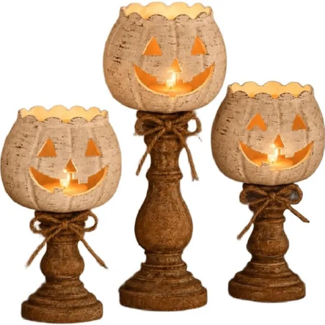Nosheir Halloween-kaarsenhouder - Set van 3 rustieke witte theelichthouders in pompoenvorm - Landelijke pompoen-theelichthouder voor herfstdecoratie