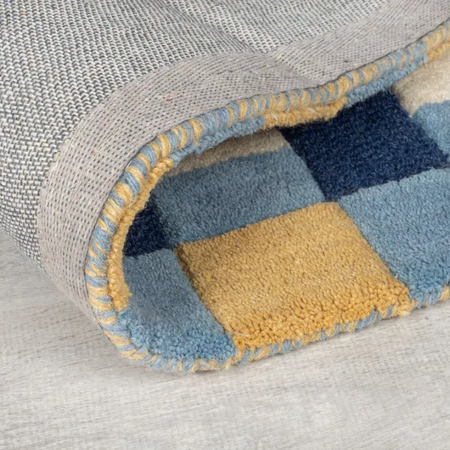 flycarpets Laagpolig Wollen Vloerkleed Kai - Kader - Lijstmotief - Blauw / Geel 160x230 cm