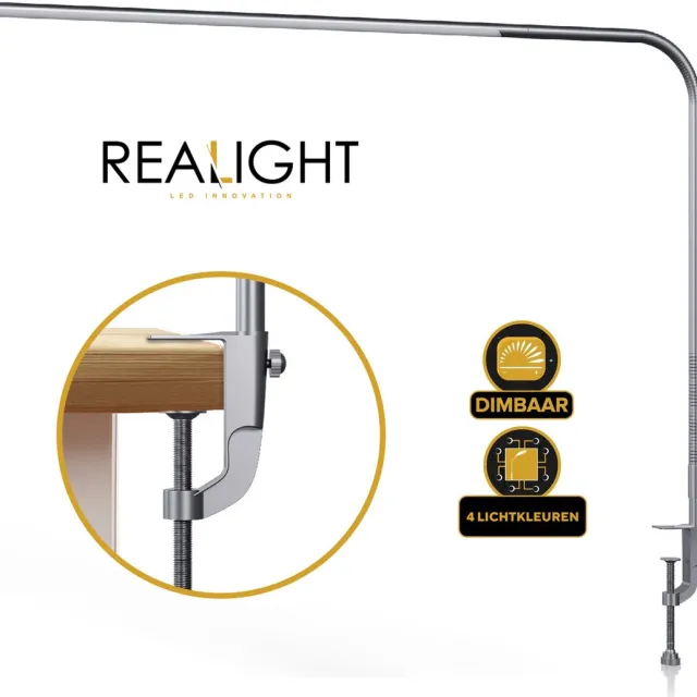 Realight Led Bureaulamp met Klem - Verstelbare Leeslamp - Daglichtlamp - 110 x 1,5 cm - Zilver