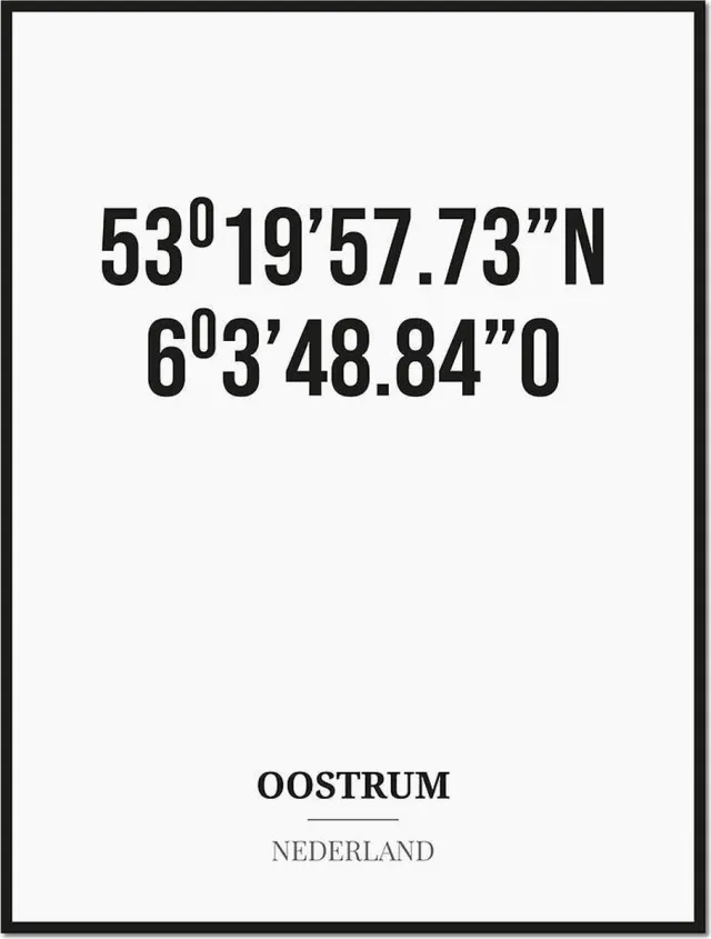 Studio216 Poster/kaart OOSTRUM met coördinaten zwart, wit