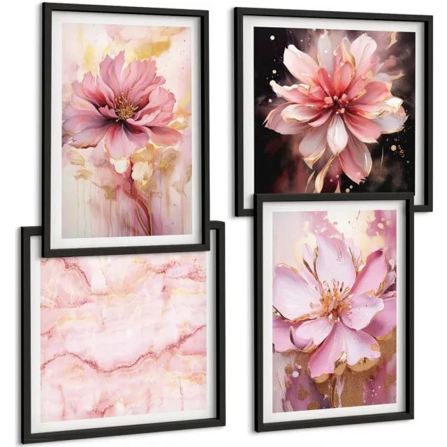 TULUP 4-Delige Schilderij Set - Bloemencomposities in roze en witte tinten. - 40 x 40 cm en 40 x 60 cm - Muurdecoratie - Wanddecoratie - Hal - Interieur Decoratie Zwarte lijst