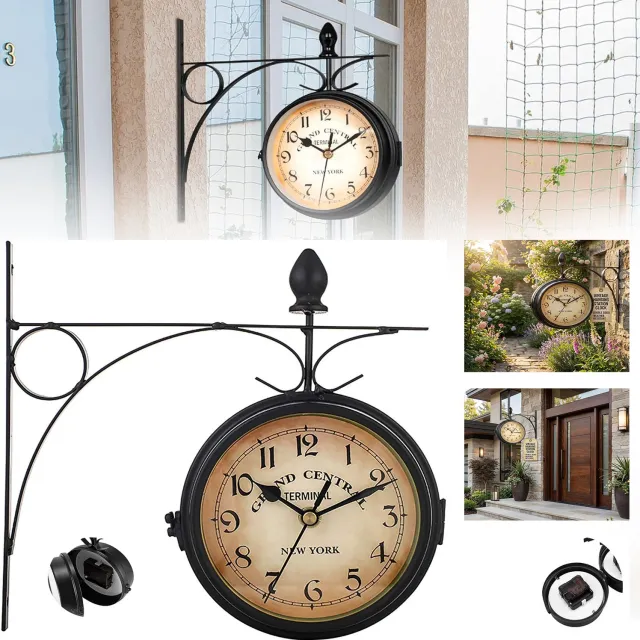 Buyya Dubbelzijdige Wandklok Voor Buiten, Vintage Analoge Hangende Tuin-Klok, Wandklok in Stationsstijl. Zwart