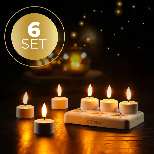 KENN Originele Oplaadbare Waxinelichtjes – Set van 6 – Met Afstandsbediening & Timer – Inclusief Oplaadstation – Tot 120 Branduren – LED Waxinelichtjes – Oplaadbare Theelichtjes – Realistische Flikkerende Vlam – LED Kaarsen - Nep Kaarsen Warm wit