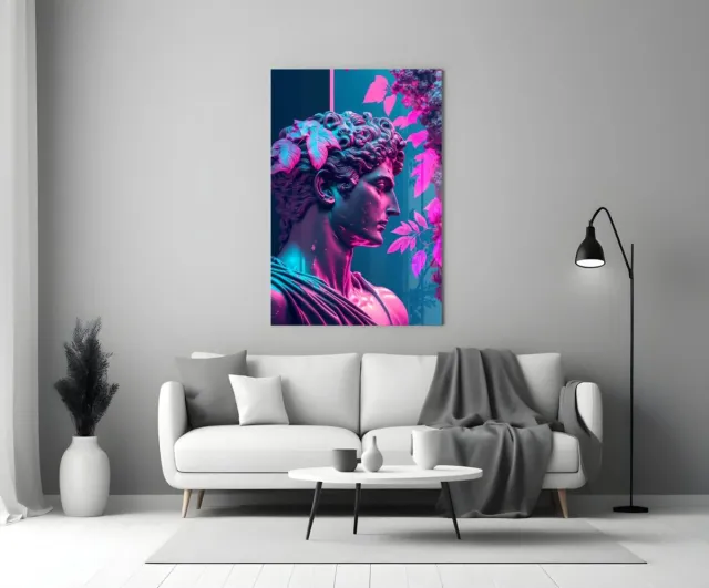 Insigne Art Glasschilderij – Neon Apollo – Klassiek Beeld in Moderne Kleuren – Trendy Wanddecoratie - 90x60 cm Roze