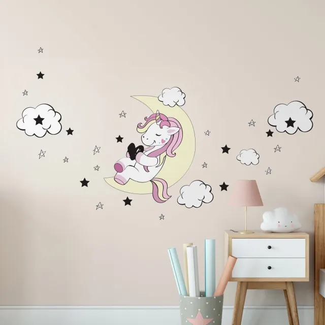 Ambiance Sticker Muurstickers - Eenhoornvriend van de Maan en de Sterren - Zelfklevende stickers - 105x70cm Multi color