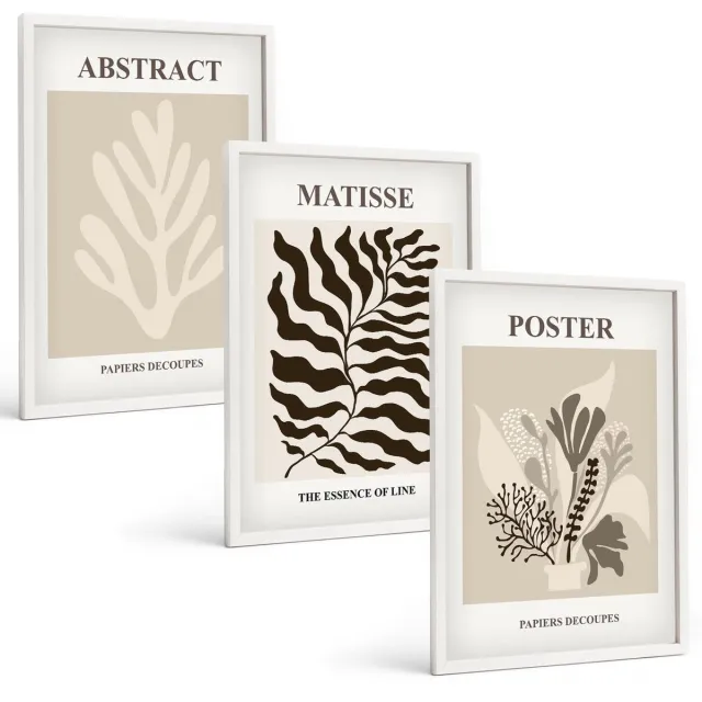 TULUP 3-Delige Schilderij Set - Plantenpatronen in beige en bruine tinten - 40x60 - Wanddecoratie - Schilderijen Set - Interieur - Stijlvolle Muurdecoratie Witte lijst