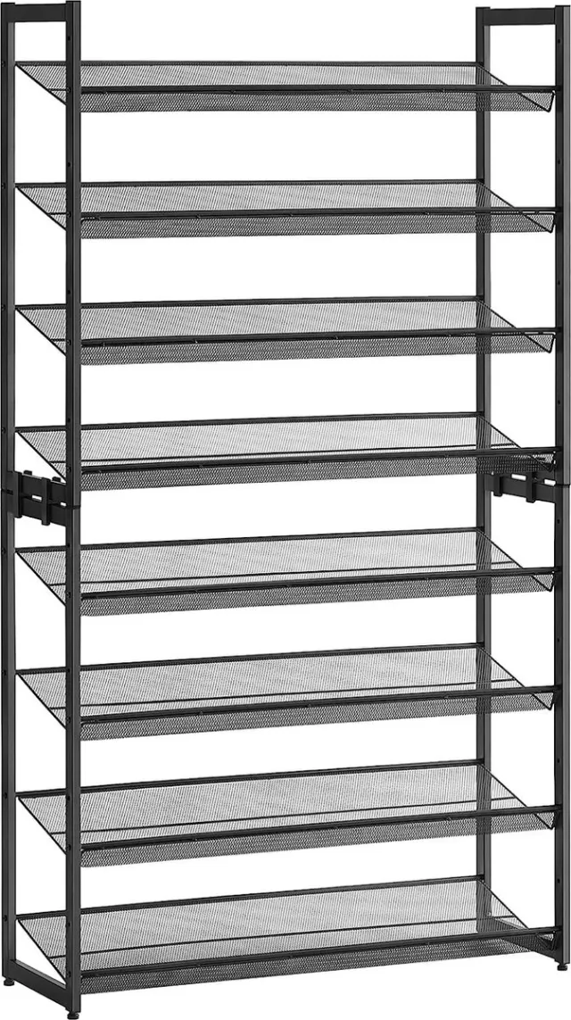 Songmics Schoenenrek met 8 niveaus, schoenenorganizer, uit 2 stapelbare 4-traps planken, voor 32 tot 40 paar schoenen, verstelbare roosterplanken, plat of schuin monteerbaar, zwart LMR08B