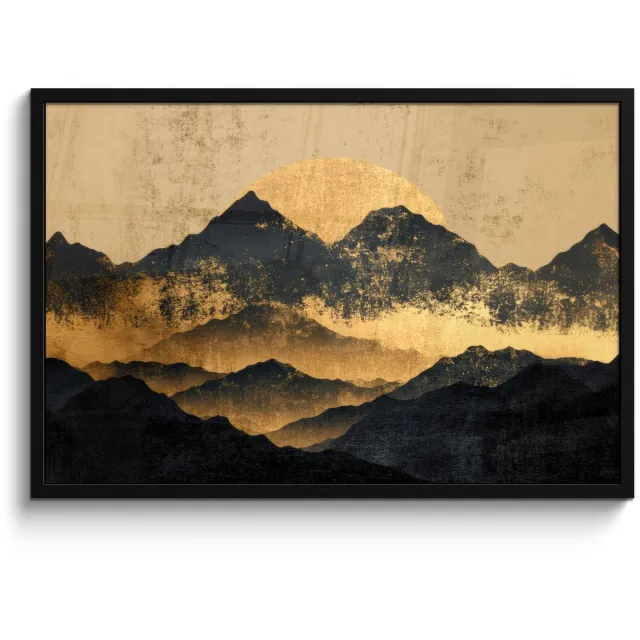 FrameYourWall Poster in lijst - Fotolijst 90x60 cm - Posters - Gouden Bergen bij Maanlicht - Posterlijst zwart - Decoratie - Wanddecoratie woonkamer - Muurdecoratie slaapkamer Bergen - Goud - Schilderij