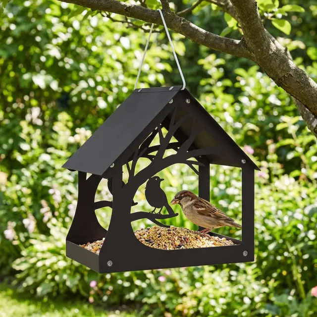 vidaXL Hangend vogelvoederhuisje Staal Zwart