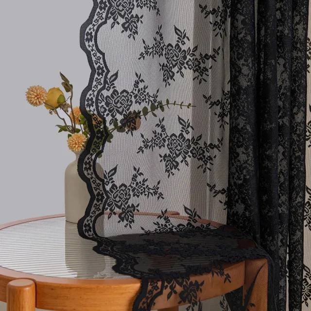 Unyqoos Elegante transparante kanten gordijnen met bloemenpatroon voor woon- en slaapkamer Zwart