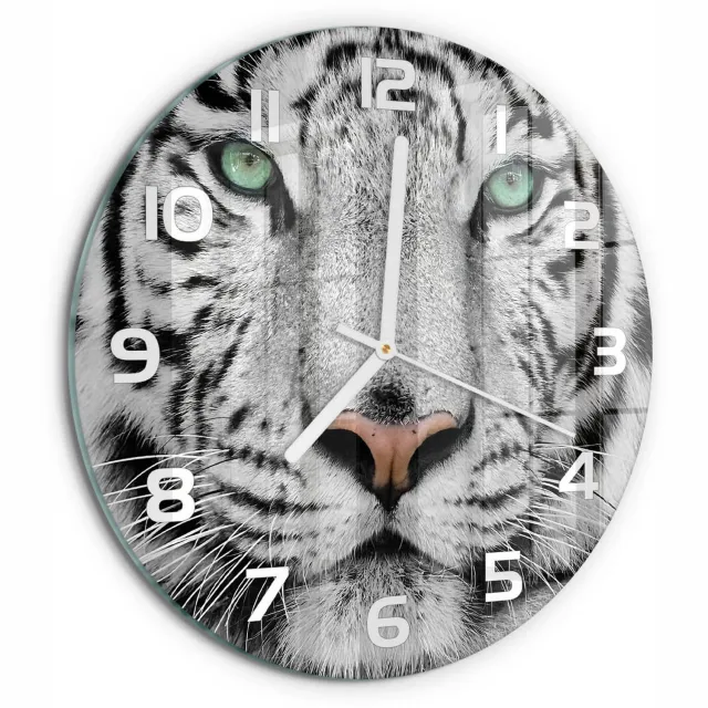 TULUP Wandklok - Witte Tijger Decoratieve Glazen Klok - fi30 cm - Wit Glazen Wandklok Design - Witte handen - Ronde Klok - Glazen Klok Met Print - Wandklok Glas Met Motief