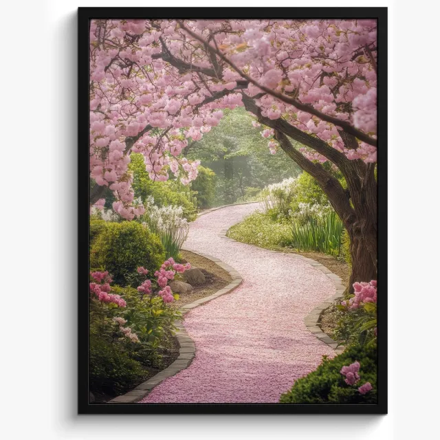 FrameYourWall Poster in lijst - Fotolijst 50x70 cm - Posters - Kersenbloesem - Natuur - Sakura - Pad - Japanse tuin - Posterlijst zwart - Decoratie - Wanddecoratie woonkamer - Muurdecoratie slaapkamer