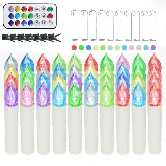 Aufun LED Afstandsbediening Kerstkaarsen - 40 Stuks - Gekleurd licht - 12 kleuren die van kleur veranderen Vlamloze Kaarsen met Timerfunctie - Voorzien van clips en haken- voor Bruiloften Kerstversiering Gebroken wit..