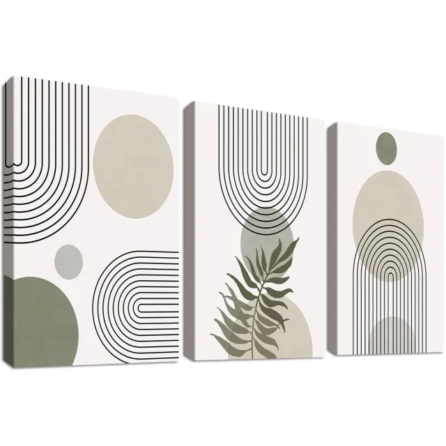 Unyqoos Set van drie abstracte bohemien canvas schilderijen met lijst voor wanddecoratie 90 x 40 cm saliegroen