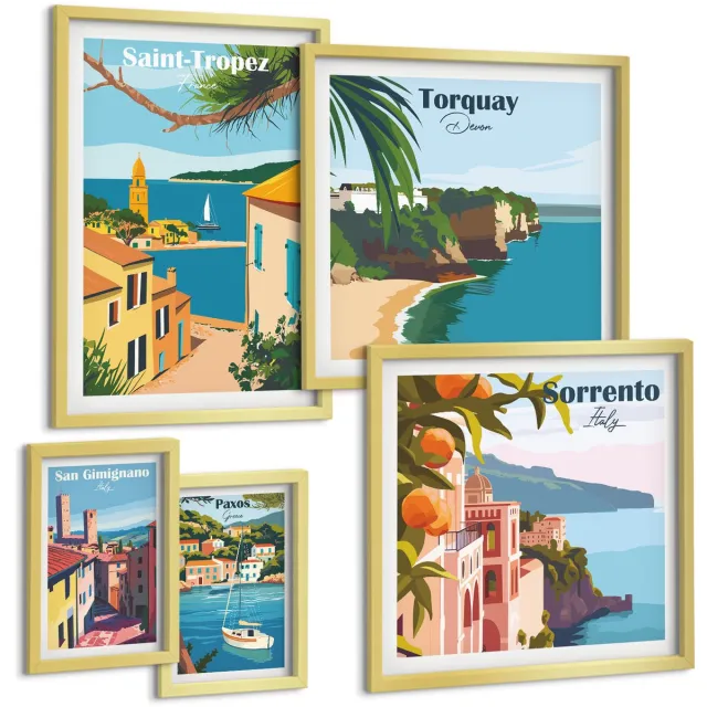 TULUP 5-Delige Schilderij Set - Landschappen van Europese kustplaatsen - 50 x 50 cm, 20 x 30 cm en 40 x 60 cm - Stijlvolle Muurdecoratie - Kantoor - Wanddecoratie Gouden lijst