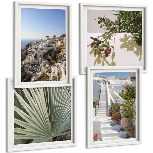 Coloray 4-Delige Schilderij Set - Witte Trappen Op Santorini Met Uitzicht Over De Stad - 40 x 40 En 40 x 60 - Stijlvolle Muurdecoratie - Slaapkamer Witte lijst