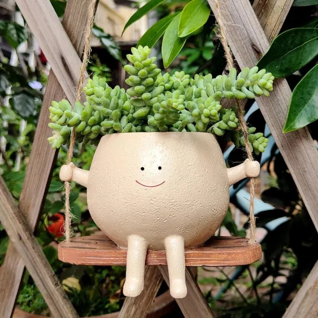 Famanu Decoratieve vaas voor binnen, swing face bloemenvaas van hars met glimlachend gezicht en henneptouw, geschikt voor vetplanten op bureau of balkon Zwart