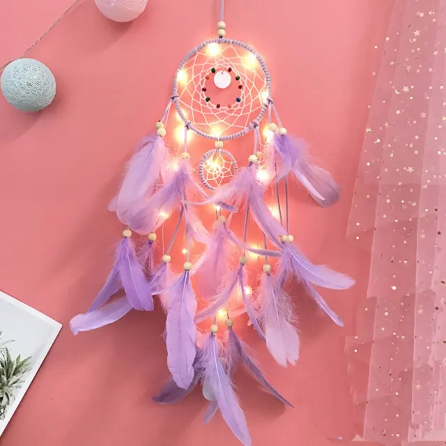 DW4Trading Dromenvanger Paars met Kralen en Veren en Led Verlichting - Dreamcatcher - 60x12 cm Paars met Kralen en Veren met LED (12cm)