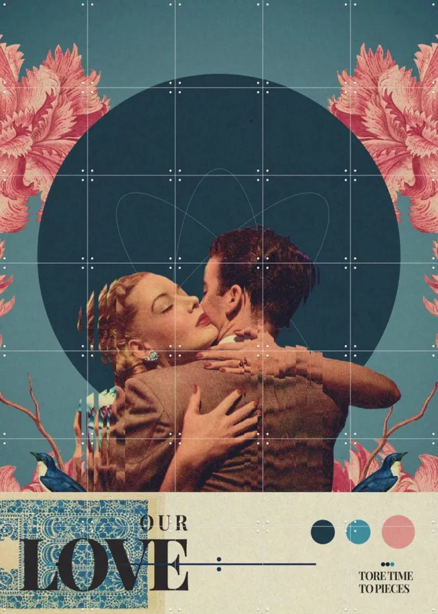 IXXI Our Love tore Time to Pieces, Frank Moth - 100 x 140 cm - Grote wanddecoratie en posters - Collage, Grafisch Ontwerp, Pop art, Digitale Kunst Blauw